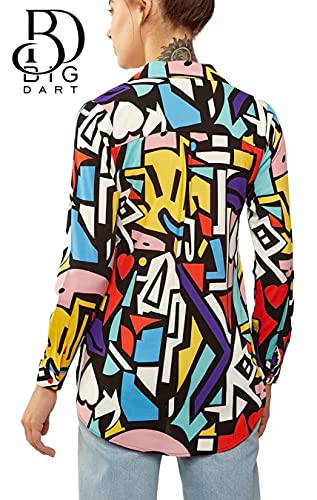 Blouses for Women Fashion, Casual Long Sleeve Button Down Shirts Tops, XS-3XL (Red Yellow Mix Colors, Small)