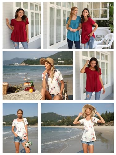 CATHY Women's 2023 Summer Short Sleeve Tunic Top Hide Belly Shirts Loose Comfy Blouse for Leggings,XL,White Lily