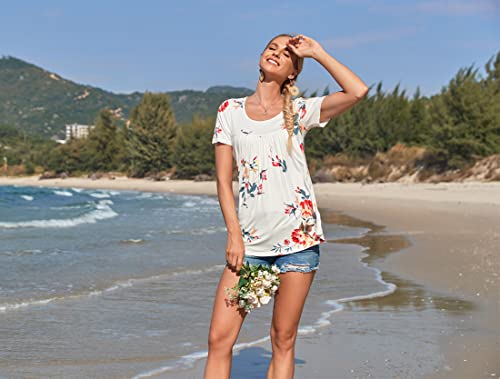 CATHY Women's 2023 Summer Short Sleeve Tunic Top Hide Belly Shirts Loose Comfy Blouse for Leggings,XL,White Lily