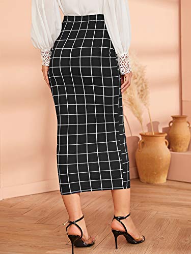 Verdusa Women's Elegant Plaid Elastic Waist Bodycon Midi Skirt Black XL