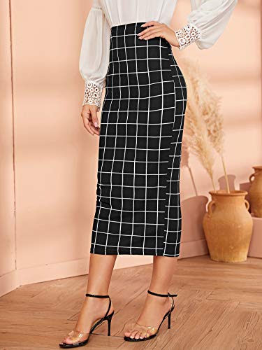 Verdusa Women's Elegant Plaid Elastic Waist Bodycon Midi Skirt Black XL