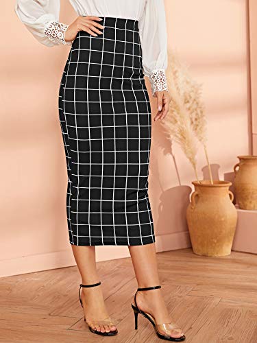 Verdusa Women's Elegant Plaid Elastic Waist Bodycon Midi Skirt Black XL