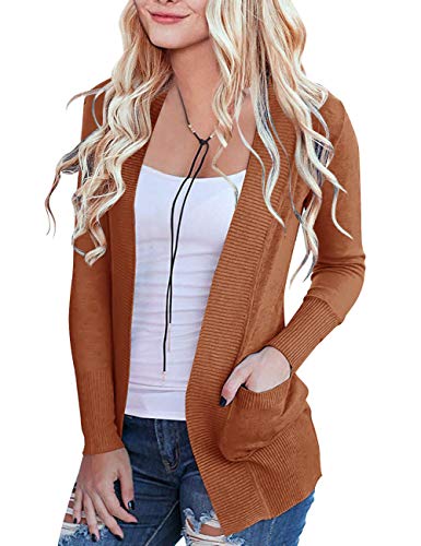 MEROKEETY Women's Open Front Casual Knit Cardigan Classic Long Sleeve Sweater Coat, M Caramel