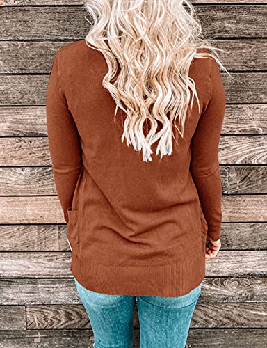 MEROKEETY Women's Open Front Casual Knit Cardigan Classic Long Sleeve Sweater Coat, M Caramel