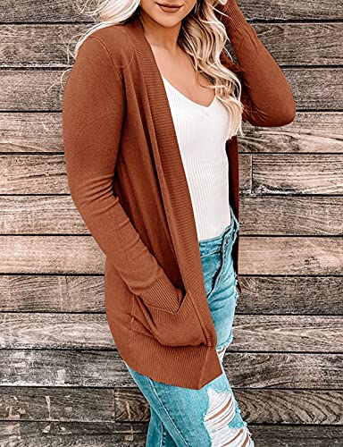 MEROKEETY Women's Open Front Casual Knit Cardigan Classic Long Sleeve Sweater Coat, M Caramel