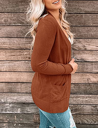 MEROKEETY Women's Open Front Casual Knit Cardigan Classic Long Sleeve Sweater Coat, M Caramel