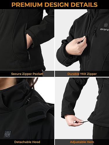 ORORO Women's Slim Fit Heated Jacket with Battery Pack and Detachable Hood (Black,M)
