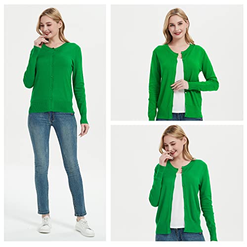 Women's Crew Neck Button Down Long Sleeve Cardigan Sweater Green