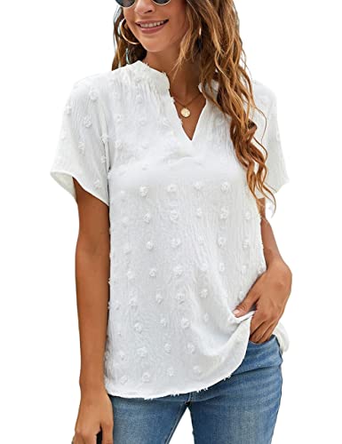 Blooming Jelly Womens White Chiffon Blouses Short Sleeve V Neck Shirts Summer Casual Polka Dot Tops (L,White)