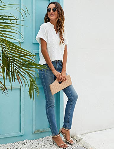 Blooming Jelly Womens White Chiffon Blouses Short Sleeve V Neck Shirts Summer Casual Polka Dot Tops (L,White)