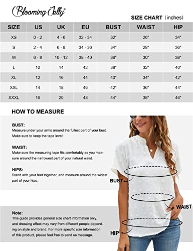 Blooming Jelly Womens White Chiffon Blouses Short Sleeve V Neck Shirts Summer Casual Polka Dot Tops (L,White)