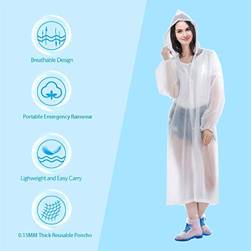 HLKZONE Raincoat, [2 Pack] Portable EVA Rain Coats Reusable Rain Poncho with Hood and Elastic Cuff Sleeves