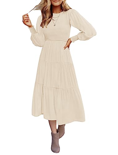 ZESICA Women's 2023 Casual Long Sleeve Crew Neck High Waist Smocked Flowy Tiered Midi Dress,Beige,Large