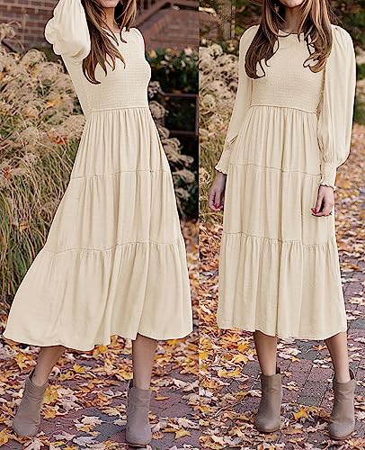 ZESICA Women's 2023 Casual Long Sleeve Crew Neck High Waist Smocked Flowy Tiered Midi Dress,Beige,Large