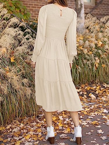ZESICA Women's 2023 Casual Long Sleeve Crew Neck High Waist Smocked Flowy Tiered Midi Dress,Beige,Large