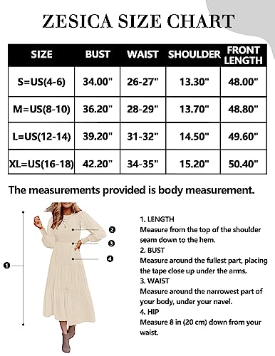 ZESICA Women's 2023 Casual Long Sleeve Crew Neck High Waist Smocked Flowy Tiered Midi Dress,Beige,Large