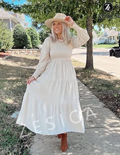 ZESICA Women's 2023 Casual Long Sleeve Crew Neck High Waist Smocked Flowy Tiered Midi Dress,Beige,Large