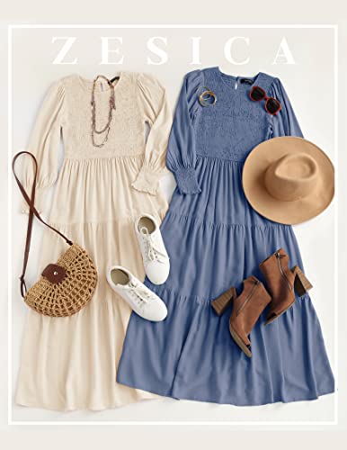 ZESICA Women's 2023 Casual Long Sleeve Crew Neck High Waist Smocked Flowy Tiered Midi Dress,Beige,Large