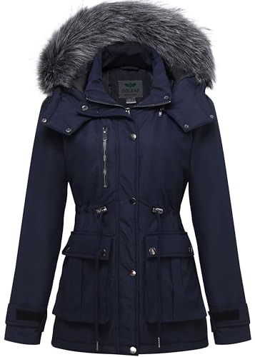 GGleaf Women's Quilted Winter Coat Warm Puffer Jacket Thicken Parka with Removable Hood Navy X-Large