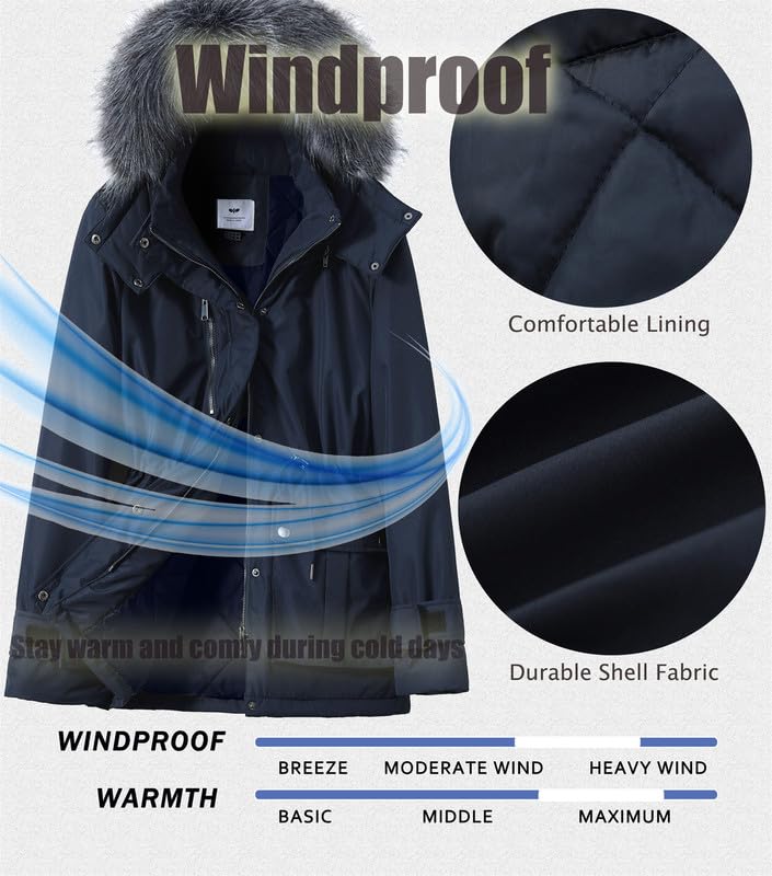 GGleaf Women's Quilted Winter Coat Warm Puffer Jacket Thicken Parka with Removable Hood Navy X-Large