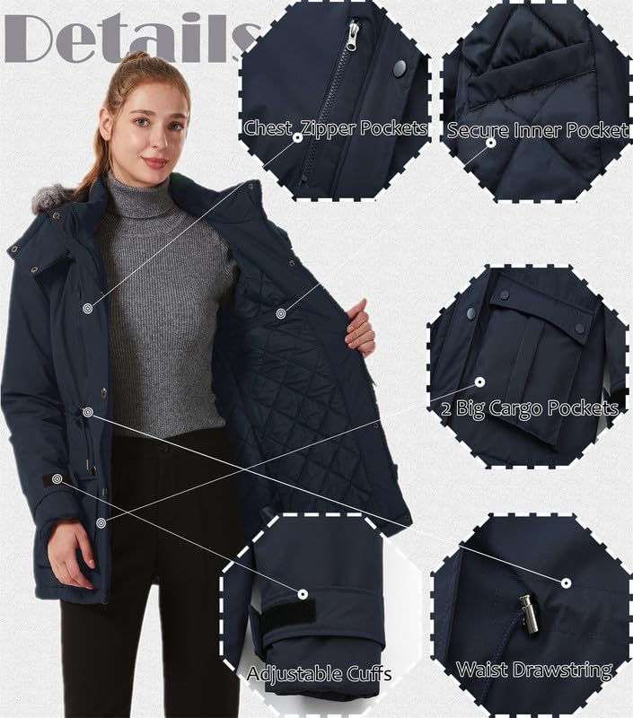 GGleaf Women's Quilted Winter Coat Warm Puffer Jacket Thicken Parka with Removable Hood Navy X-Large