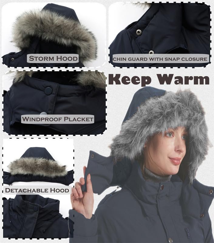 GGleaf Women's Quilted Winter Coat Warm Puffer Jacket Thicken Parka with Removable Hood Navy X-Large