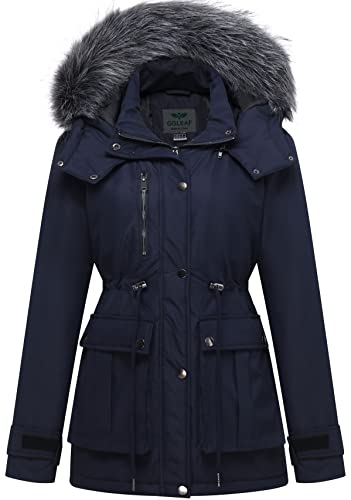GGleaf Women's Quilted Winter Coat Warm Puffer Jacket Thicken Parka with Removable Hood Navy X-Large