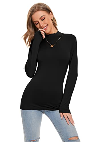 Women's Long Sleeve Mock Turtle Neck Tops Lightweight Slim Fitted Base Layer Shirts Black Medium