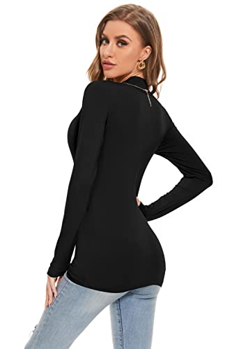 Women's Long Sleeve Mock Turtle Neck Tops Lightweight Slim Fitted Base Layer Shirts Black Medium
