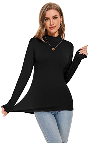 Women's Long Sleeve Mock Turtle Neck Tops Lightweight Slim Fitted Base Layer Shirts Black Medium