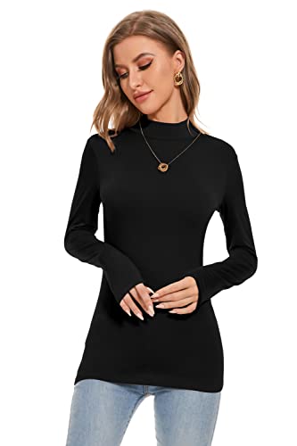 Women's Long Sleeve Mock Turtle Neck Tops Lightweight Slim Fitted Base Layer Shirts Black Medium