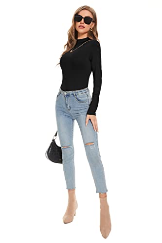 Women's Long Sleeve Mock Turtle Neck Tops Lightweight Slim Fitted Base Layer Shirts Black Medium