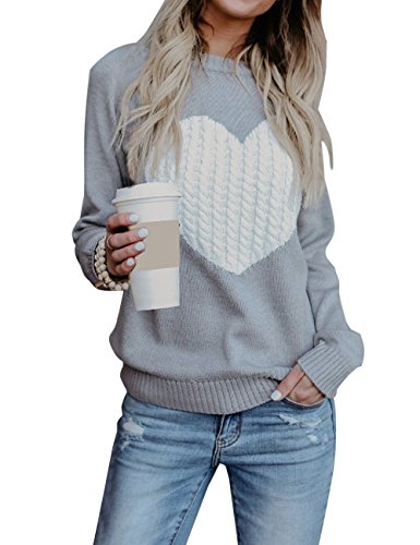 shermie Womens Pullover Sweaters Long Sleeve Crewneck Cute Heart Knitted Sweaters Grey, Medium