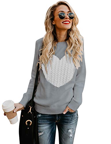 shermie Womens Pullover Sweaters Long Sleeve Crewneck Cute Heart Knitted Sweaters Grey, Medium