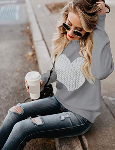 shermie Womens Pullover Sweaters Long Sleeve Crewneck Cute Heart Knitted Sweaters Grey, Medium