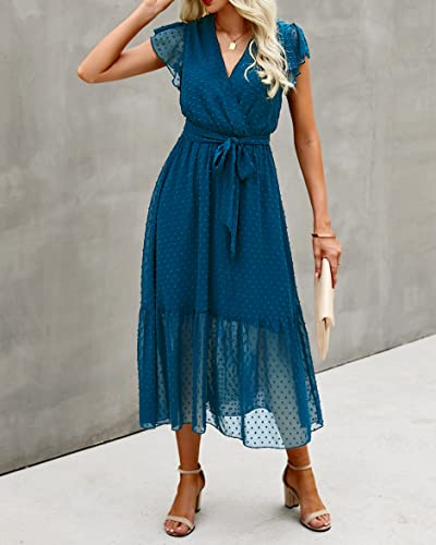 BTFBM Women Summer Bohemian Floral Casual Wrap V Neck Ruffle Cap Sleeveless Belt A-Line Pleated Hem Swing Midi Sun Dress (Swiss Dot Lake Blue, m)