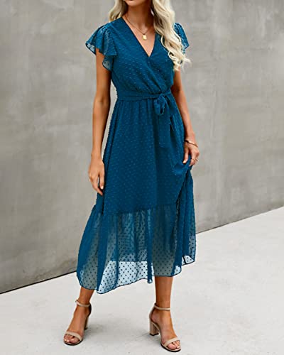BTFBM Women Summer Bohemian Floral Casual Wrap V Neck Ruffle Cap Sleeveless Belt A-Line Pleated Hem Swing Midi Sun Dress (Swiss Dot Lake Blue, m)