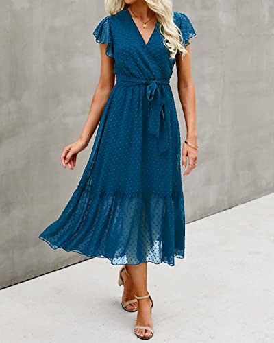 BTFBM Women Summer Bohemian Floral Casual Wrap V Neck Ruffle Cap Sleeveless Belt A-Line Pleated Hem Swing Midi Sun Dress (Swiss Dot Lake Blue, m)