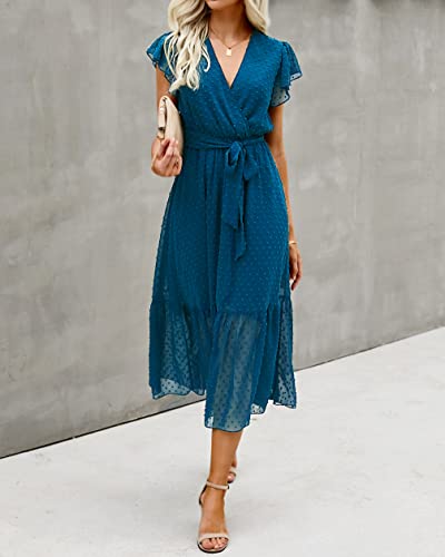 BTFBM Women Summer Bohemian Floral Casual Wrap V Neck Ruffle Cap Sleeveless Belt A-Line Pleated Hem Swing Midi Sun Dress (Swiss Dot Lake Blue, m)