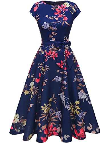DRESSTELLS Vintage Tea Dress for Women, Modest Bridesmaid Dress for Wedding, Casual Floral Work Dresses, 1950s Cocktail Party Dresses, Fit Flare Prom Dress Navy Flower L