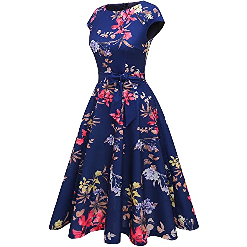 DRESSTELLS Vintage Tea Dress for Women, Modest Bridesmaid Dress for Wedding, Casual Floral Work Dresses, 1950s Cocktail Party Dresses, Fit Flare Prom Dress Navy Flower L