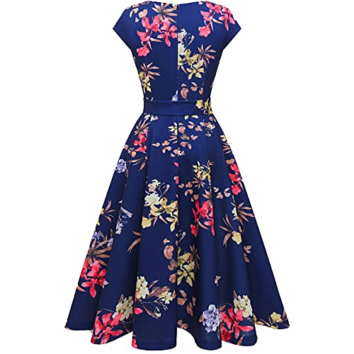 DRESSTELLS Vintage Tea Dress for Women, Modest Bridesmaid Dress for Wedding, Casual Floral Work Dresses, 1950s Cocktail Party Dresses, Fit Flare Prom Dress Navy Flower L