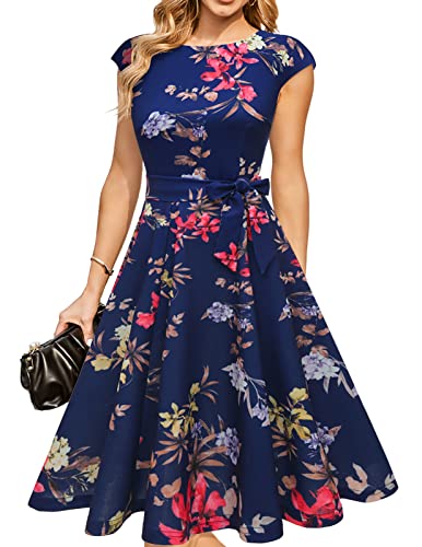 DRESSTELLS Vintage Tea Dress for Women, Modest Bridesmaid Dress for Wedding, Casual Floral Work Dresses, 1950s Cocktail Party Dresses, Fit Flare Prom Dress Navy Flower L