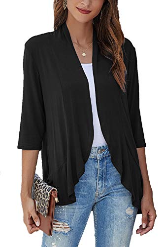 Bluetime Women's Casual Lightweight Open Front Cardigans Soft Draped Ruffles 3/4 Sleeve Cardigan (L,Black)