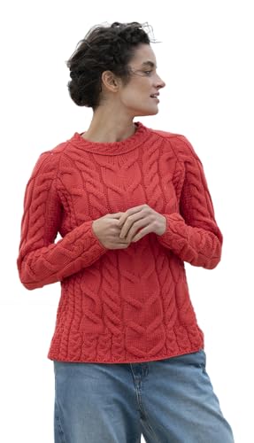 Ladies Irish Multi Cabled Raglan Super Soft Merino Wool Sweater (Small, Red)