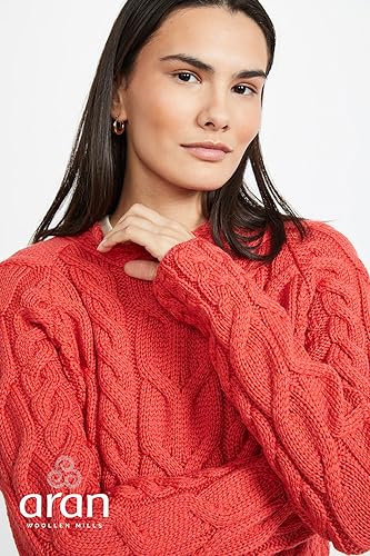 Ladies Irish Multi Cabled Raglan Super Soft Merino Wool Sweater (Small, Red)