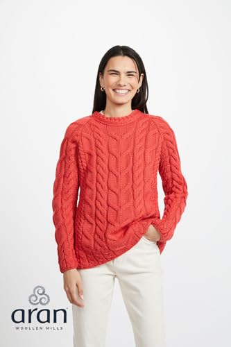 Ladies Irish Multi Cabled Raglan Super Soft Merino Wool Sweater (Small, Red)