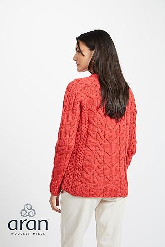 Ladies Irish Multi Cabled Raglan Super Soft Merino Wool Sweater (Small, Red)