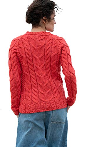 Ladies Irish Multi Cabled Raglan Super Soft Merino Wool Sweater (Small, Red)