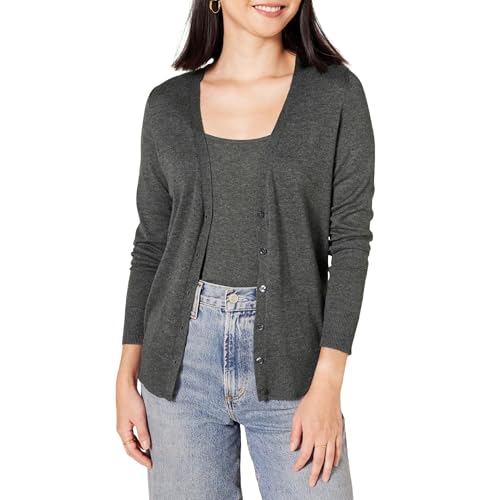 Amazon Essentials Women's Lightweight Vee Cardigan Sweater (Available in Plus Size), Charcoal Heather, X-Large